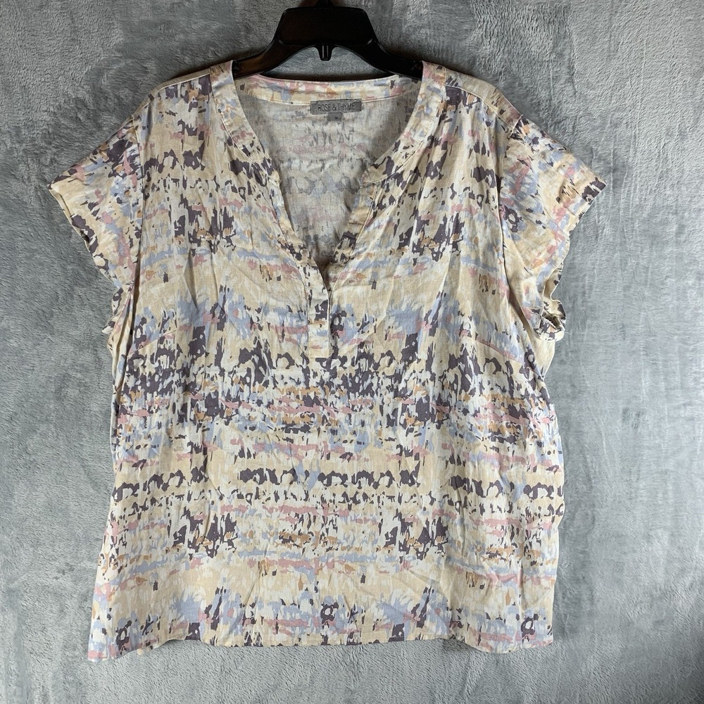 Rose & Thyme Women's Top 1X‎ Linen Blend Abstract Artsy Short Sleeve Pastel